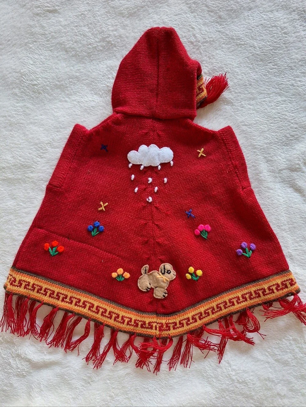 Handmade Peru Kids Hooded Poncho Sweater Red Llama Front Back 3D Infant 0 6-12M